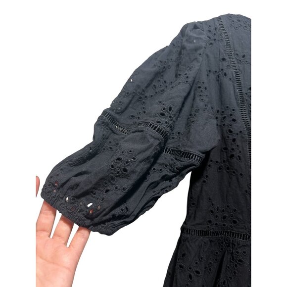 Beulah Eyelet bubble Hem Mini Dress fit flare Medium Black Puff Sleeves Romantic - Picture 12 of 16